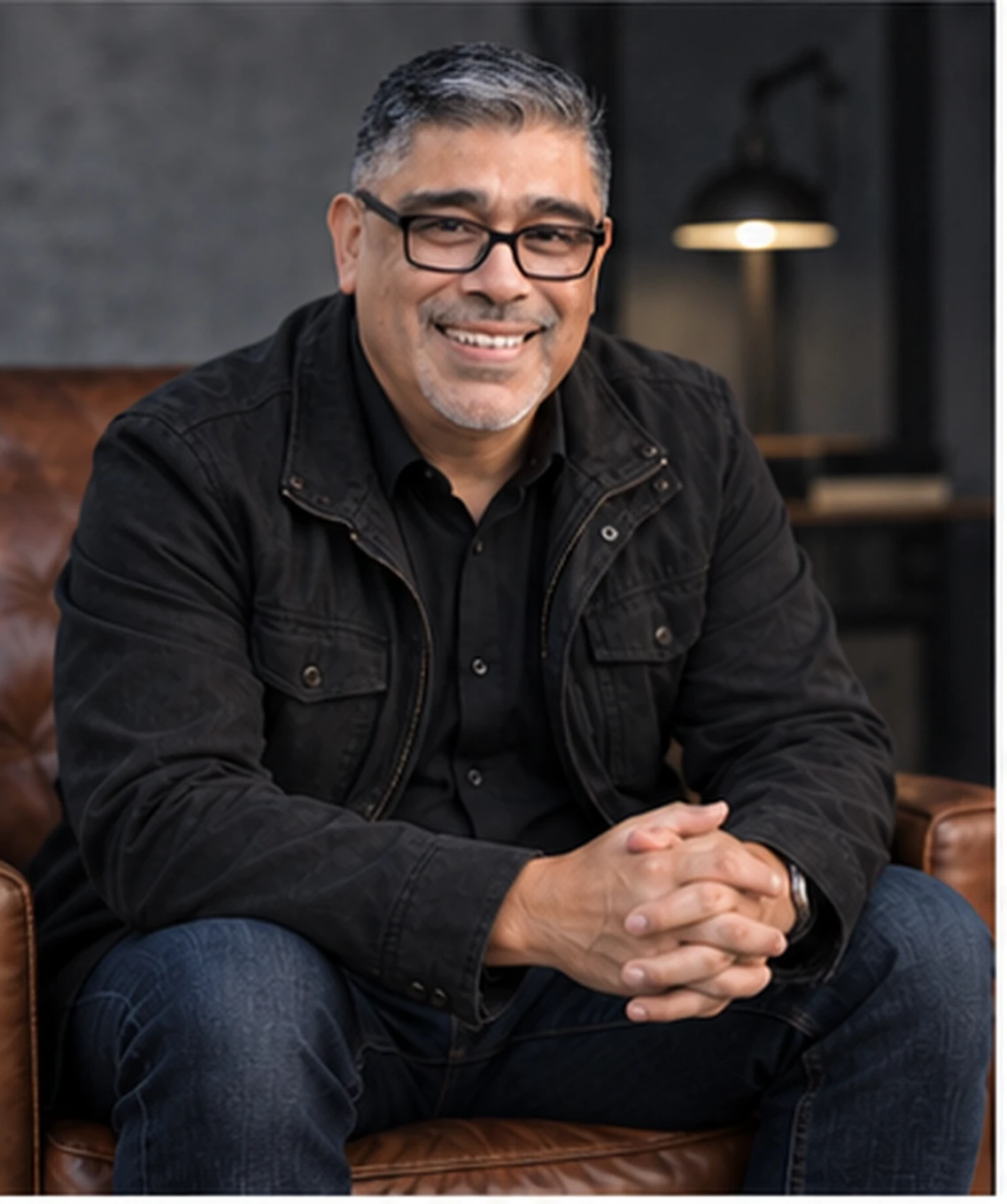 Carlos Samaniego seated in a leather chair