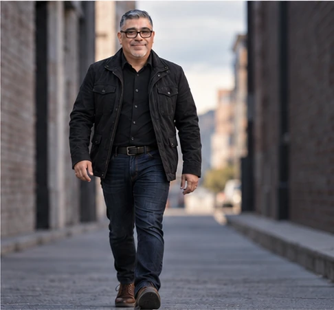 Carlos Samaniego walking through a city street