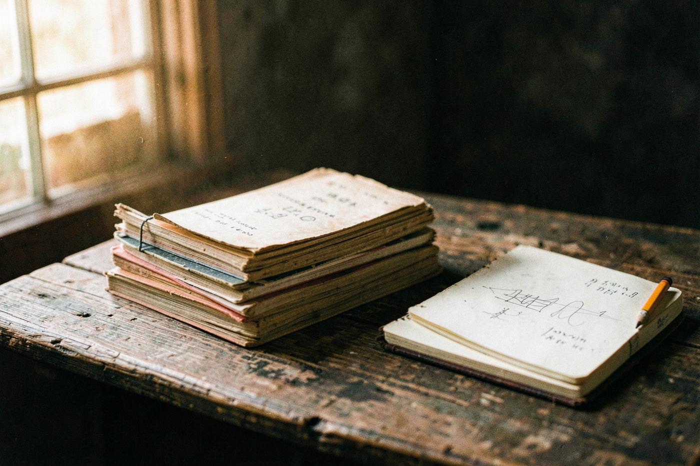 A stack of worn field notebooks and an open sketchbook on a weathered table